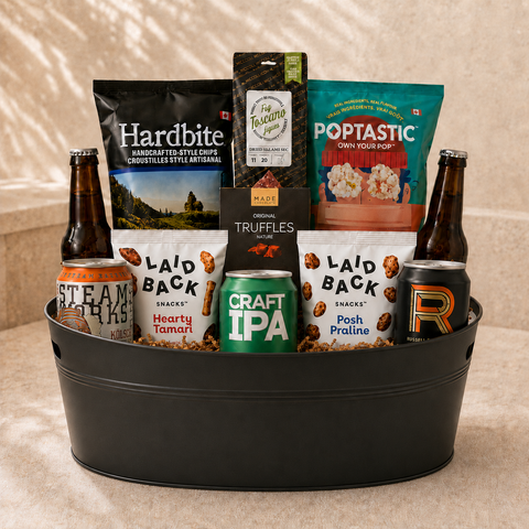 BC craft beer gift basket with five local BC beers and gourmet snacks in an oval tin tub, delivered in Vancouver