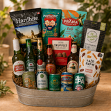Beers of the World gift basket with ten international and Canadian beers, Hardbite chips and gourmet snacks in a metal tub