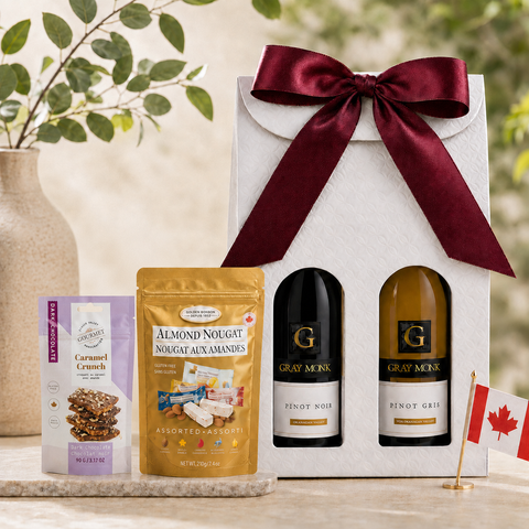 Canadian Wine Duo Gift Box — two bottles of BC VQA wine,  gluten-Free Dark Chocolate Caramel Crunch and Gluten-Free Golden Bonbon almond nougat in a white presentation box with satin ribbon.