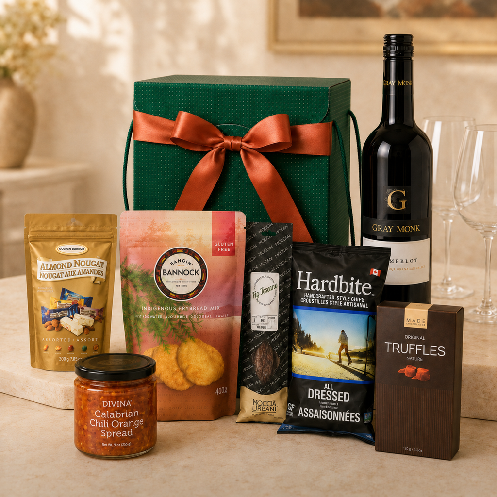 Gluten free gift box, with indigenous bannock mix, Okanagan wine, nougat, chips, dark chocolate, italian salami and calabrian chili orange spread