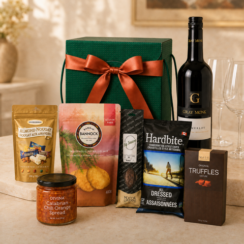 Gluten free gift box, with indigenous bannock mix, Okanagan wine, nougat, chips, dark chocolate, italian salami and calabrian chili orange spread
