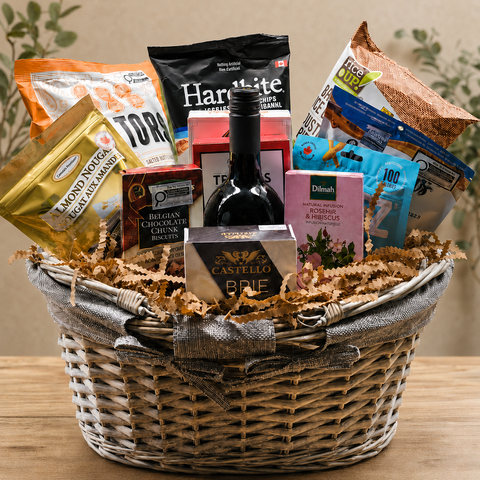 Large gourmet gift basket with Canadian wine, Brie cheese, chocolate, biscuits, tea and savoury snacks.