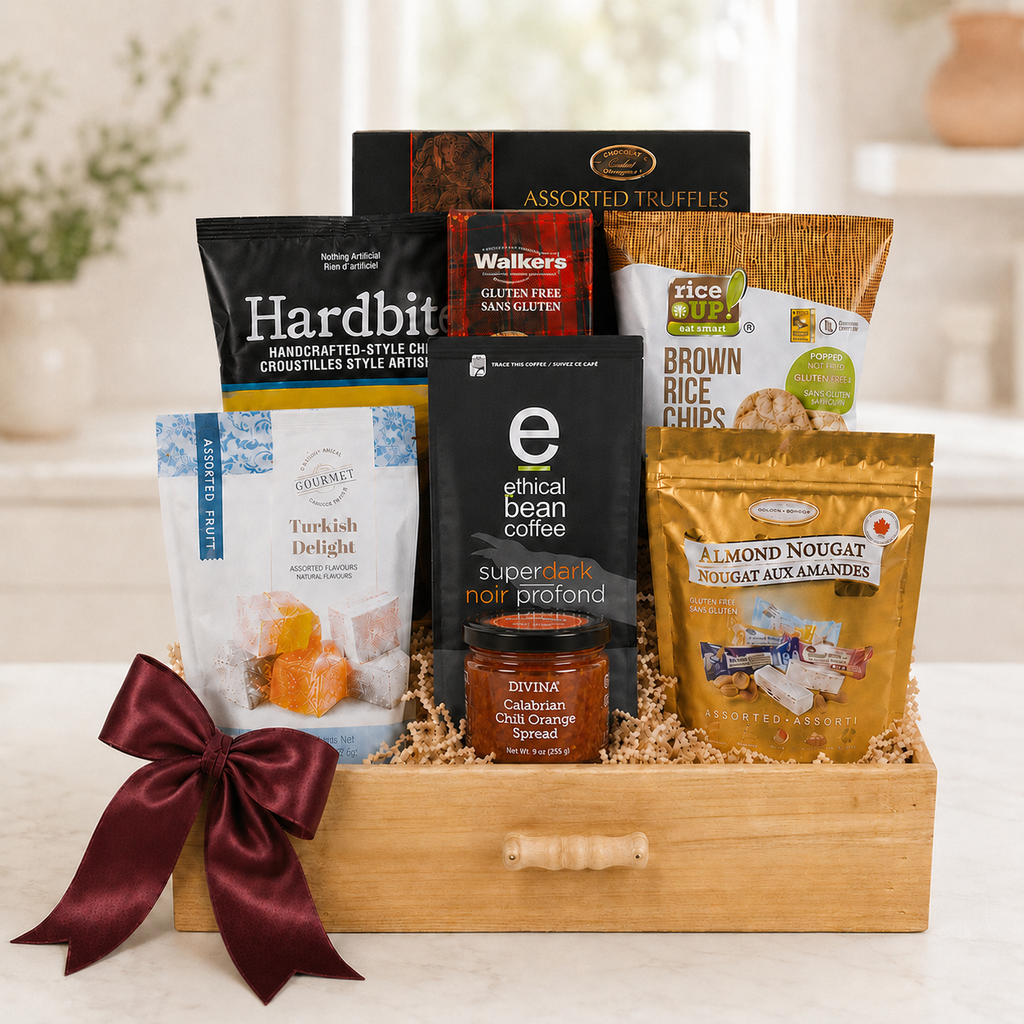 Gluten-free indulgence gift basket with almond nougat, chocolate truffles, Turkish delight, Walkers shortbread, Hardbite chips, Rice Up chips, Divina spread and Ethical Bean Coffee in a wooden crate with a cloth bow