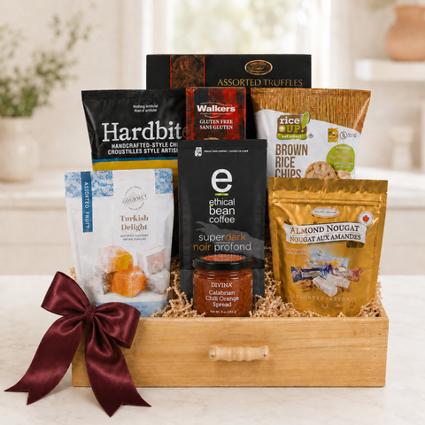 Gluten-free indulgence gift basket with almond nougat, chocolate truffles, Turkish delight, Walkers shortbread, Hardbite chips, Rice Up chips, Divina spread and Ethical Bean Coffee in a wooden crate with a cloth bow