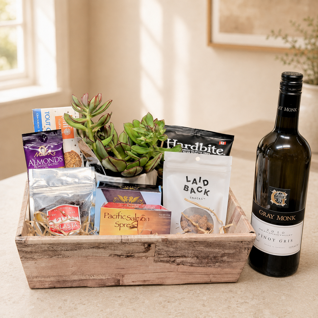 A fet well gift with savory treats, chocolates, a bottle of wine and a small succulent 