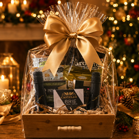 A gourmet gift basket in a wooden box, wrapped in clear cellophane with a large gold satin bow. The basket contains gourmet snacks from Laid Back and Golden BonBon, crackers, Castello brie cheese, and chocolates from brands like Made Toronto, set against a warm, festive background.