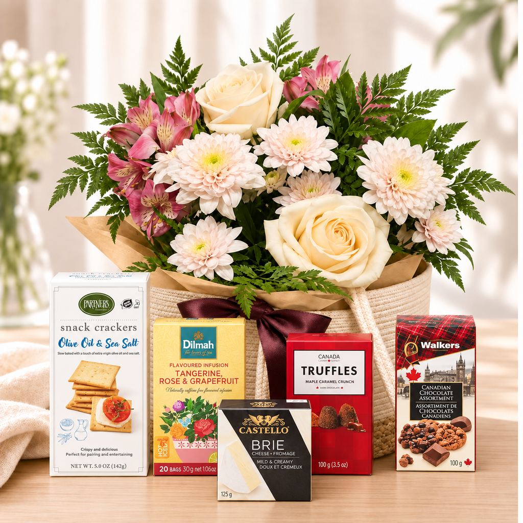 Flower and goodies bag with gourmet treats, crackers, cheese, chocolate, cookies and tea
