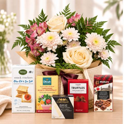 Flower and goodies bag with gourmet treats, crackers, cheese, chocolate, cookies and tea