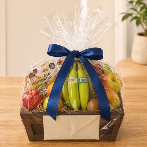 Healthy Choice fruit gift basket wrapped with ribbon for delivery