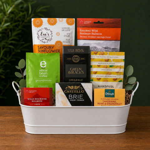 Keto gift basket with wild BC smoked sockeye salmon, Eve's Crackers, Marcona almonds, Green & Black's 85% dark chocolate and Castello brie in a white metal planter