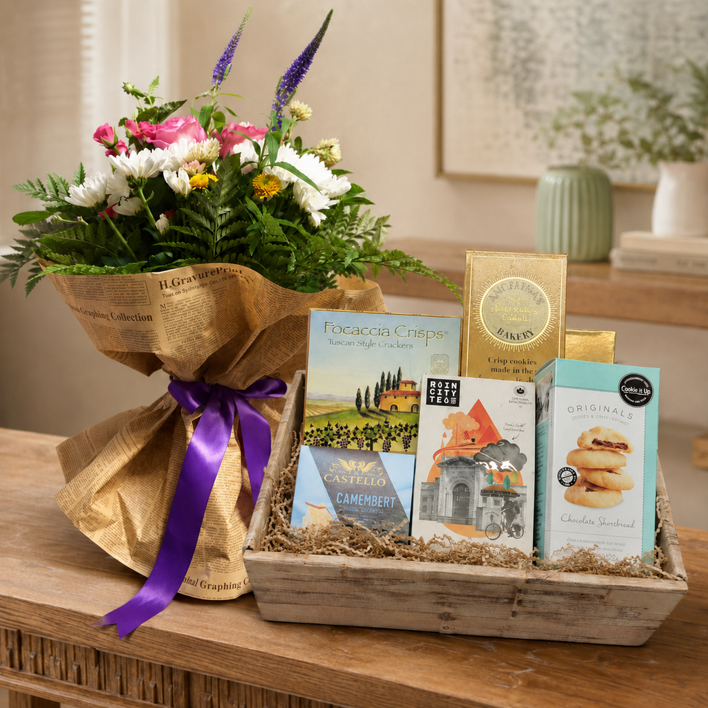 Kind Thoughts gift basket with fresh flowers and gourmet treats for local delivery