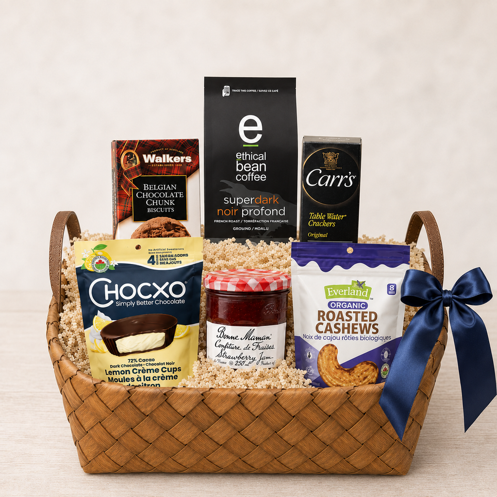 Kosher Coffee Break Gift Basket with Ethical Bean coffee, Carr’s crackers, Bonne Maman jam, cashews and chocolate treats in a woven basket