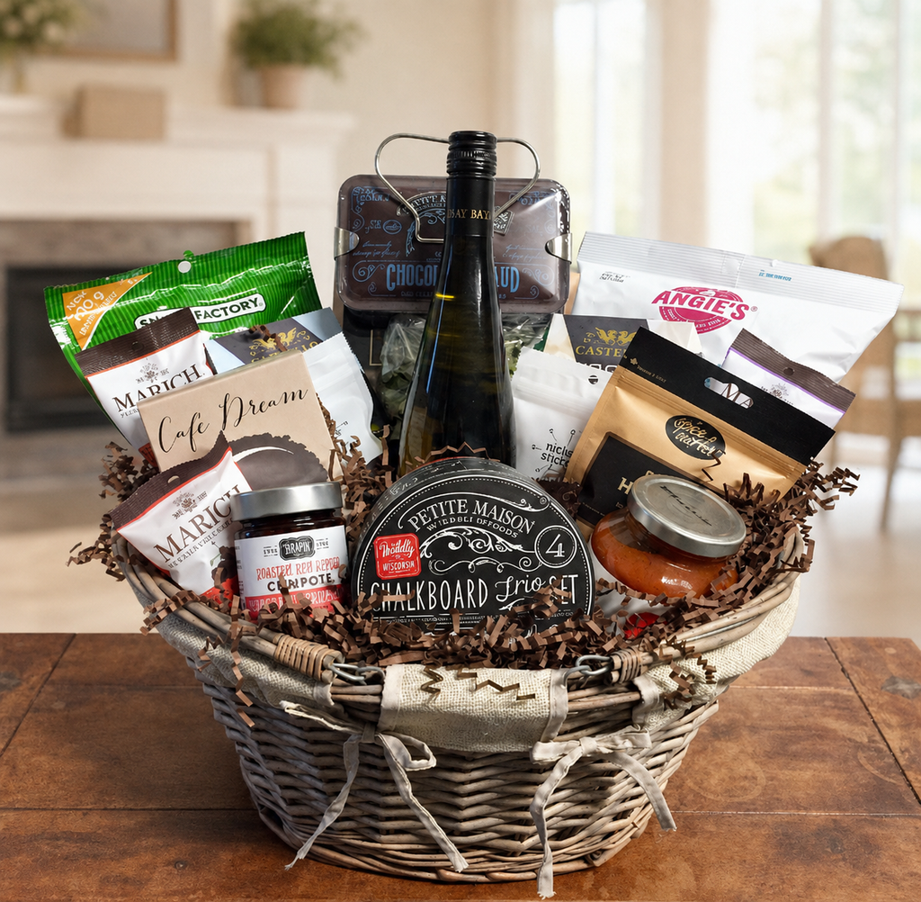 New house gift basket built to order with a keepsake serving board, cheese, artisan crackers and chocolate, a housewarming gift from Basket Revolution