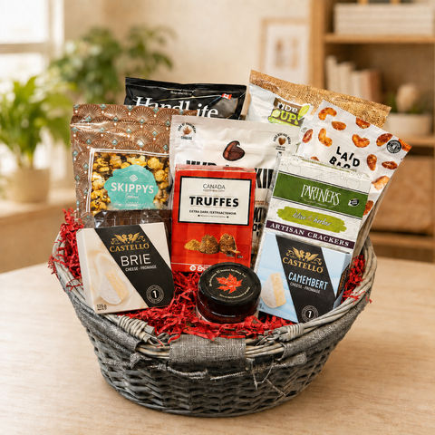 Office sharing gift basket in a grey willow basket with Castello brie and camembert, Hardbite chips, Partners artisan crackers, caramel popcorn and dark chocolate truffles