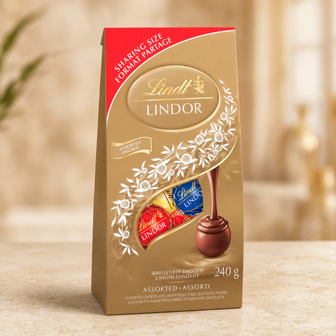 A 240g bag of assorted Lindt Lindor chocolate truffles, added to a gift basket from Basket Revolution