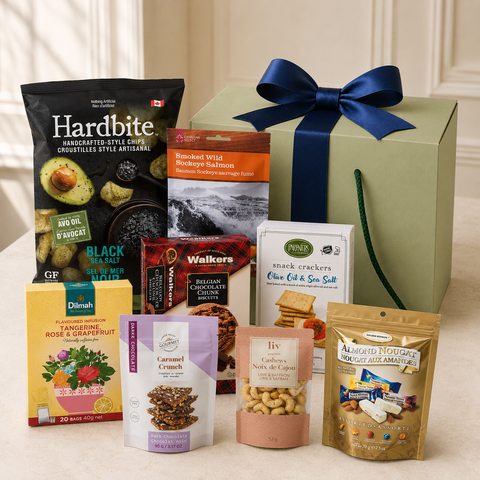 A curated gift box featuring Hardbite chips, Smoked salmon, Walkers cookies, Partners sea salt crackers, nougat, cashews, and herbal tea.