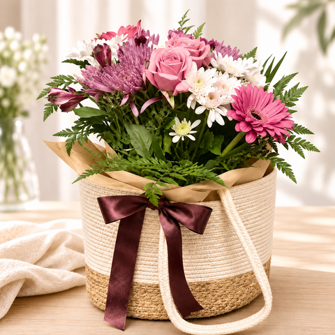 Flower & Goodies Gift Bag with pink, mauve and white flowers in woven tote