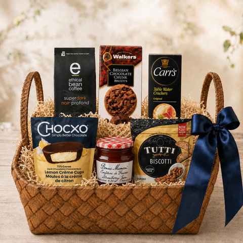 Kosher Coffee Break Gift Basket with Ethical Bean coffee, Carr’s crackers, Bonne Maman jam,  and chocolate treats in a woven basket