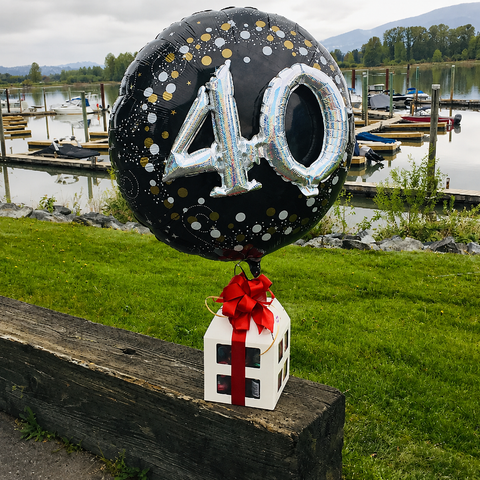 40th birthday gift with a large number balloon and white gift box, hand-delivered in Maple Ridge, British Columbia