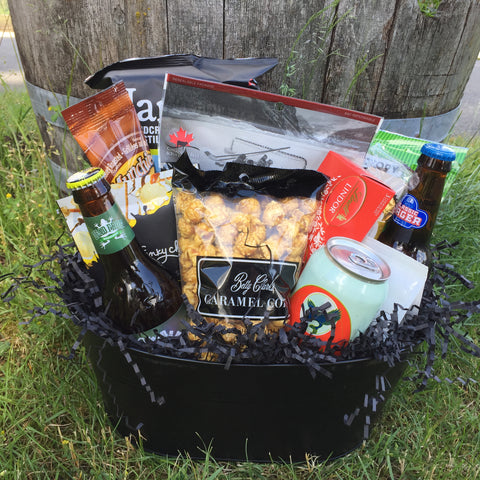 BC craft beer gift basket with five local BC beers and gourmet snacks in an oval tin tub, delivered in Vancouver